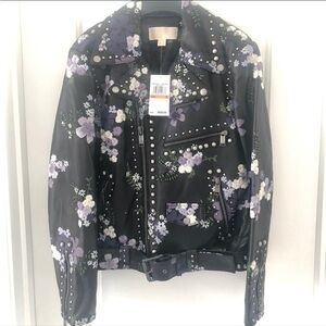 Michael Kors Floral Embroidered Leather Moto Jacket Size S